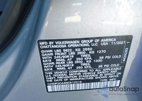 2022 Volkswagen Atlas 2.0T Se z USA, uszkodzony, nr VIN 1V2DP2CA4NC512216